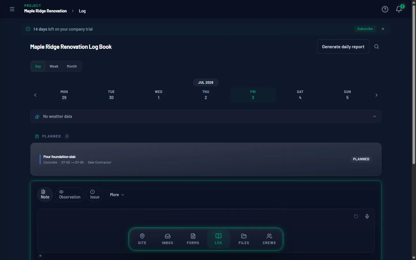 HrdHat project Daily Log with the one-tap Generate daily report action.