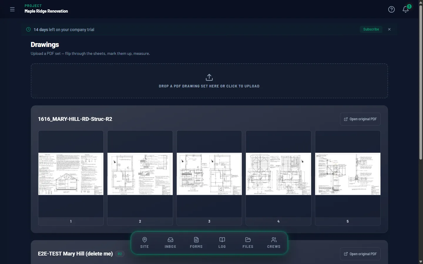 HrdHat Drawings — a structural PDF set rendered to a page-thumbnail grid.
