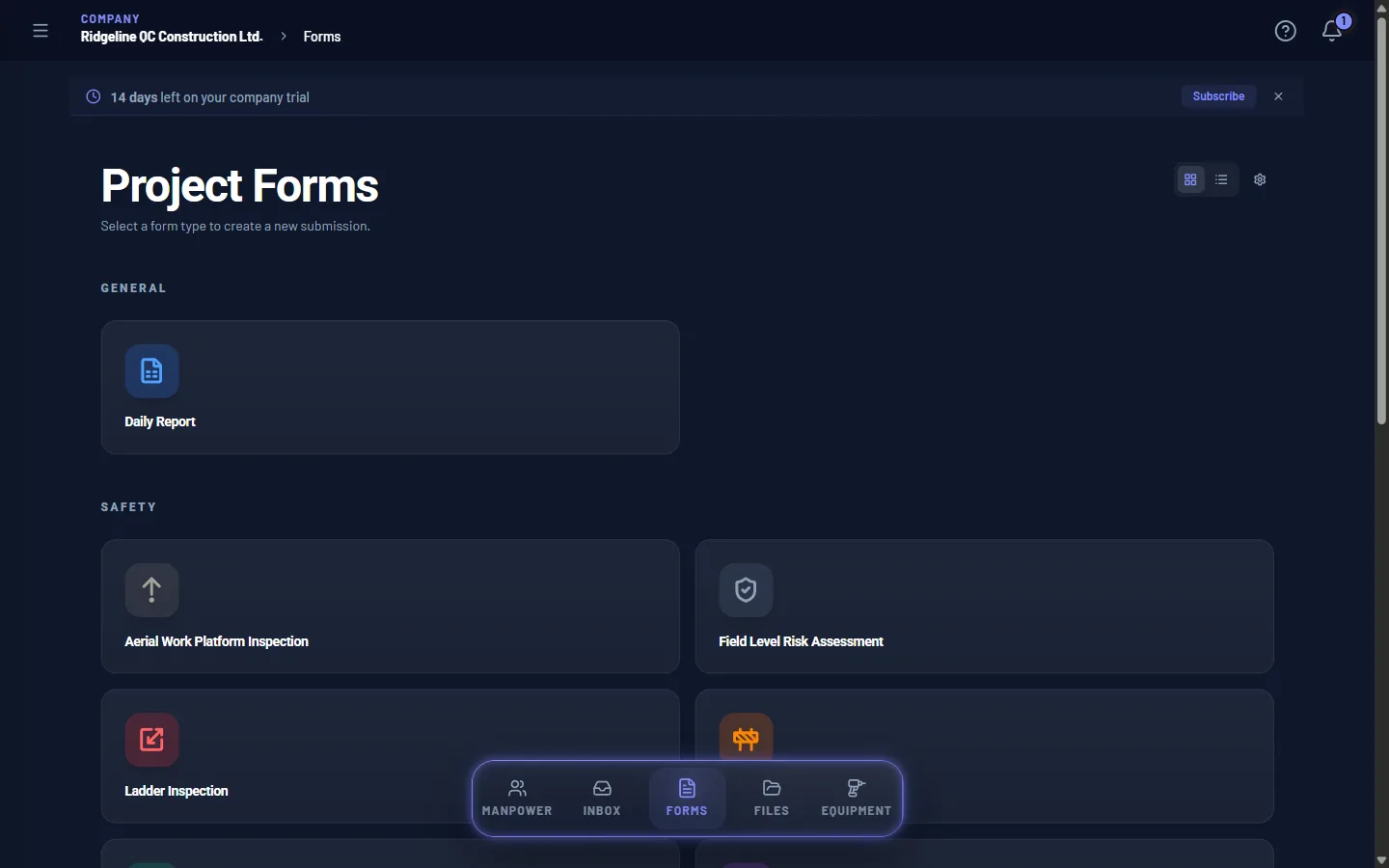 HrdHat form catalog — Daily Report, FLRA, and safety inspection form types.