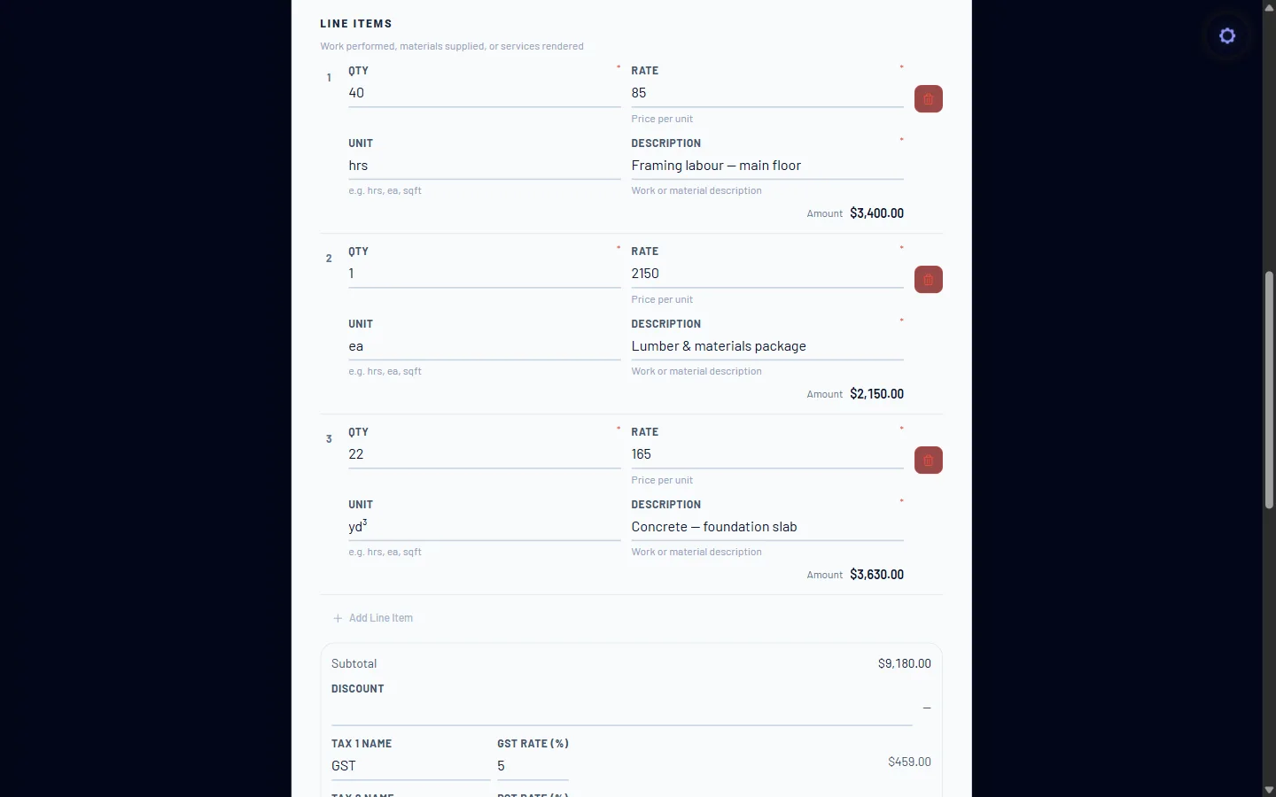 HrdHat Standard Invoice — itemized line items with GST/PST totals.